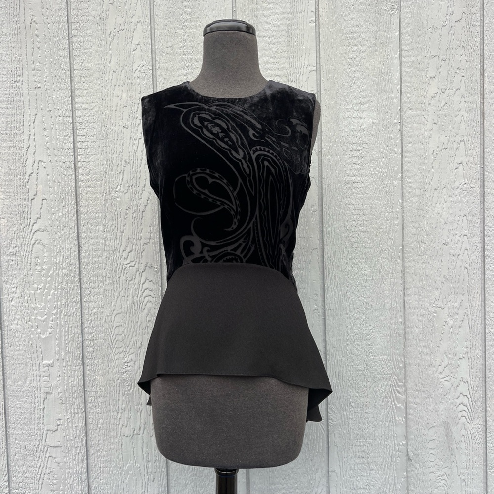 Elie Tahari Black Sleeveless Velvet Burnout Hi-Lo Waterfall Peplum Tunic Top, XS